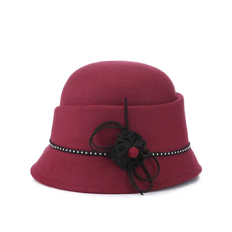Vintage Damen Wollfilz Cloche Hut Mit Blumen Mesh Strass Dekor Herbst Winter Elegant Kirche Bowler Derby Mütze