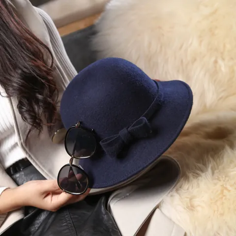 Vintage Women 100% Wool Cloche Hat Elegant Felt Bucket Hat With Bowknot Autumn Winter Warm Round Top Wide Brim Fedora Hat