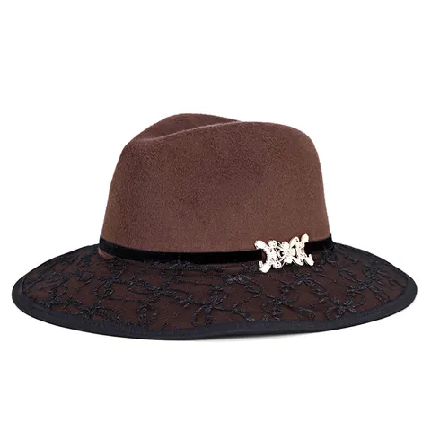 Dames Vintage Wollen Fedora Hoed Elegant Brede Rand Kanten Afwerking Party Hoed Met Metalen Gesp Fluwelen Lint Warm Winter Jazz Hoed