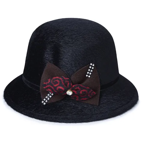 Vintage Women Woolen Felt Cloche Hat With Rhinestone Bow Decorative Bowler Hat For Autumn Winter Elegant Warm Fedora Hat