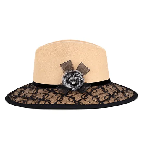 Elegant Women Wool Blend Fedora Hat With Lace Brim And Fur Ball Rhinestone Mesh Bow Decoration Retro Warm Dome Bowler Hat