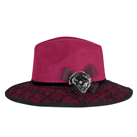 Elegant Women Wool Blend Fedora Hat With Lace Brim And Fur Ball Rhinestone Mesh Bow Decoration Retro Warm Dome Bowler Hat