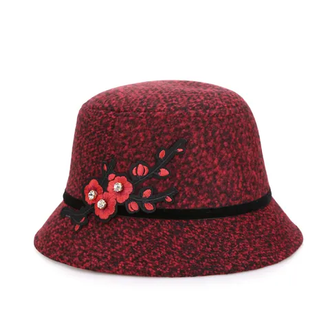Vrouwen Vintage Wollen Cloche Hoed Herfst Winter Warme Vissershoed Pruimenbloesem Borduurwerk Strass Strik Elegante Dames Pet