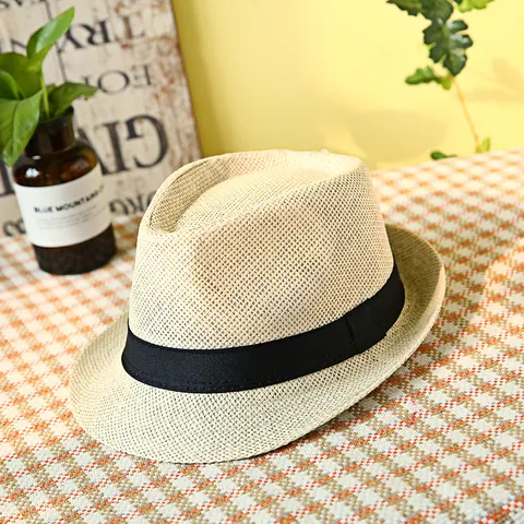 Men Summer Paper Straw Fedora Hat Breathable Sunshade Beach Jazz Hat With Ribbon Trim Outdoor Vacation Sun Hat For Father