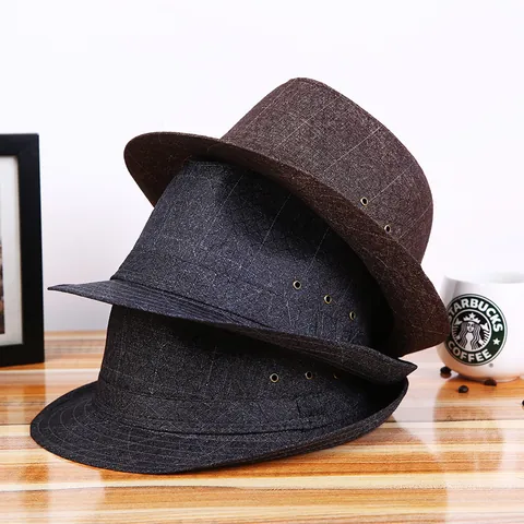 Cappello Fedora Uomo Vintage Traspirante in Lino Poliestere Cappello Jazz a Quadri Con Occhielli in Metallo Cappello Protezione Solare Estiva