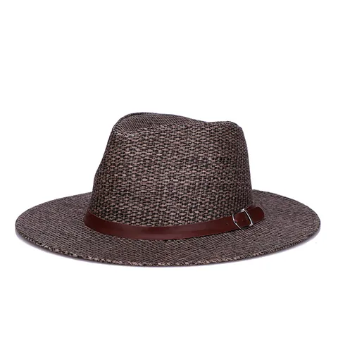 Vintage Men Straw Fedora Hat With Leather Belt Buckle Wide Brim Sun Protection Breathable Woven Beach Jazz Cap For Outdoor