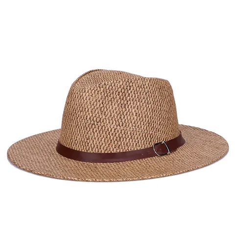 Vintage Men Straw Fedora Hat With Leather Belt Buckle Wide Brim Sun Protection Breathable Woven Beach Jazz Cap For Outdoor
