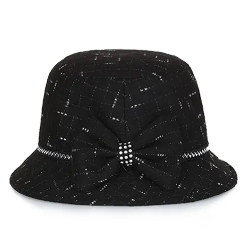 Sombrero Cloche de Tweed Elegante para Mujer Invierno Cálido Mezcla de Lana con Lazo de Strass para Mamá de Edad Media Regalo
