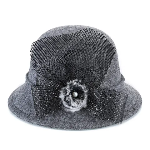 Women Retro Polyester Felt Cloche Hat With Mesh Veil Bowknot Faux Fur Pom-pom Pearl Elegant Winter Warm Party Bowler Hat