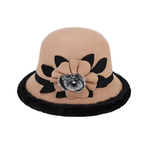 Women Vintage Wool Blend Cloche Bucket Hat With Flower Faux Fur Trim Pompom Warm Winter Elegant Party Dress Fedora Hat