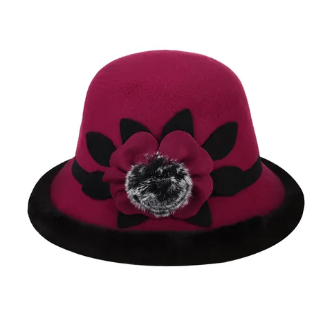 Women Vintage Wool Blend Cloche Bucket Hat With Flower Faux Fur Trim Pompom Warm Winter Elegant Party Dress Fedora Hat