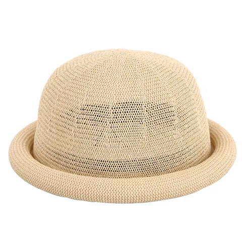 Vintage Straw Bowler Hat For Women Kids Summer Breathable Sun Protection Beach Hat With Rolled Brim Round Top Korean Style
