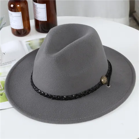 Unisex Wollen Vilt Fedora Hoed Met Gevlochten Leren Band Metalen Badge Britse Vintage Stijl Breedgerande Herfst Winter Hoed