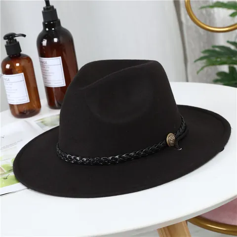 Unisex Wollen Vilt Fedora Hoed Met Gevlochten Leren Band Metalen Badge Britse Vintage Stijl Breedgerande Herfst Winter Hoed