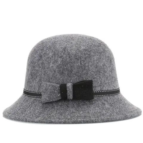 Women Vintage Woolen Felt Cloche Hat With Bow Polka Dot Ribbon Gold Star Metal Buckle Elegant Winter Warm Fedora Bucket Hat