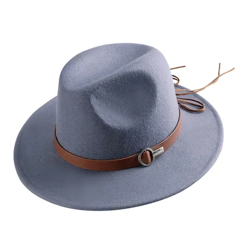 Wide Brim Wool Felt Fedora Hat With Leather Belt Metal Buckle Vintage British Style Unisex Warm Winter Jazz Cap