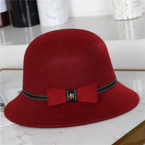 Women Vintage Woolen Felt Cloche Hat With Bow Polka Dot Ribbon Gold Star Metal Buckle Elegant Winter Warm Fedora Bucket Hat