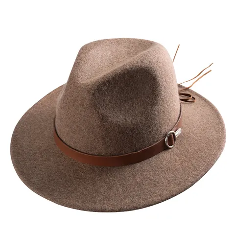 Wide Brim Wool Felt Fedora Hat With Leather Belt Metal Buckle Vintage British Style Unisex Warm Winter Jazz Cap