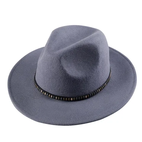 Elegant Pure Wool Fedora Hat Women Men Vintage British Style Wide Brim Jazz Hat Metal Studded Belt Panama Fedora Hat
