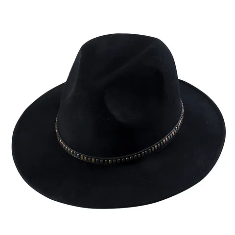 Elegant Pure Wool Fedora Hat Women Men Vintage British Style Wide Brim Jazz Hat Metal Studded Belt Panama Fedora Hat