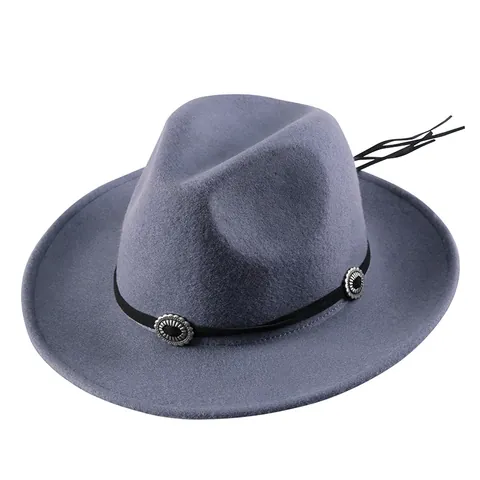 Vintage Wool Felt Fedora Hat Wide Brim Western Cowboy Jazz Hat Metal Buckle Tassel Elegant Winter Autumn Cap Women Men