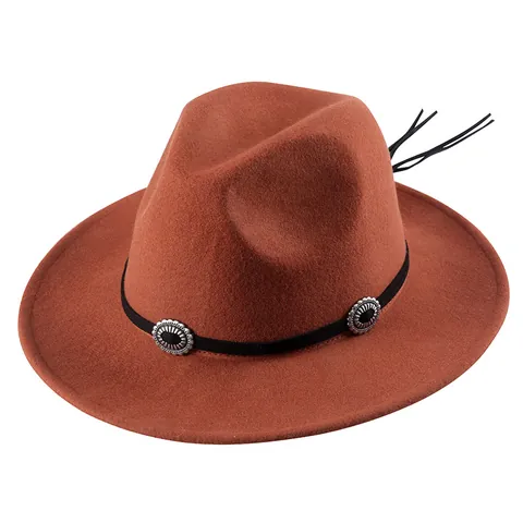 Vintage Wool Felt Fedora Hat Wide Brim Western Cowboy Jazz Hat Metal Buckle Tassel Elegant Winter Autumn Cap Women Men