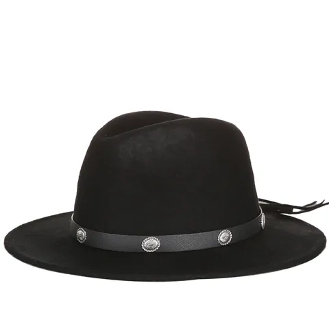 Women Men Pure Wool Fedora Hat Wide Brim British Retro Style With Leather Band Metal Buckle Tassel Felt Jazz Hat Accessories