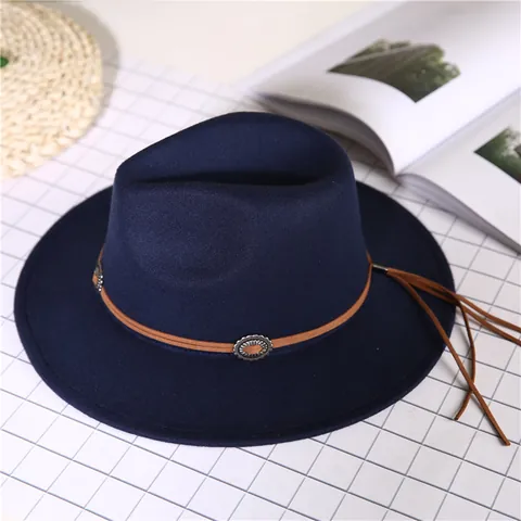 British Woolen Fedora Hat With Leather Band Metal Concho Wide Brim Jazz Hat For Women Men Outdoor Autumn Winter Headwear