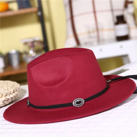 British Woolen Fedora Hat With Leather Band Metal Concho Wide Brim Jazz Hat For Women Men Outdoor Autumn Winter Headwear