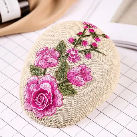 Women Summer Paper Straw Beret Hat Vintage 3D Flower Embroidery Breathable Mesh Sunshade Newsboy Cap Chinese Style Ladies Accessory