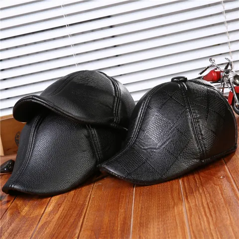 Men Vintage PU Leather Newsboy Cap Faux Mink Fur Winter Warm Beret Hat For Middle Aged Solid Plaid Outdoor Flat Cap