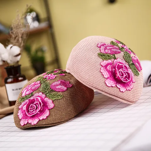 Women Summer Paper Straw Beret Hat Vintage 3D Flower Embroidery Breathable Mesh Sunshade Newsboy Cap Chinese Style Ladies Accessory