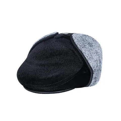 Gorra de Hiedra Cálida de Invierno para Hombre con Orejeras de Forro Polar Fieltro de Lana y Pelo de Visón Artificial Negro Gris