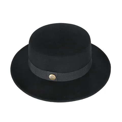 Elegant 100% Wool Felt Boater Hat For Women British Vintage Flat Top Short Brim Fedora With Ribbon Band And Metal Badge