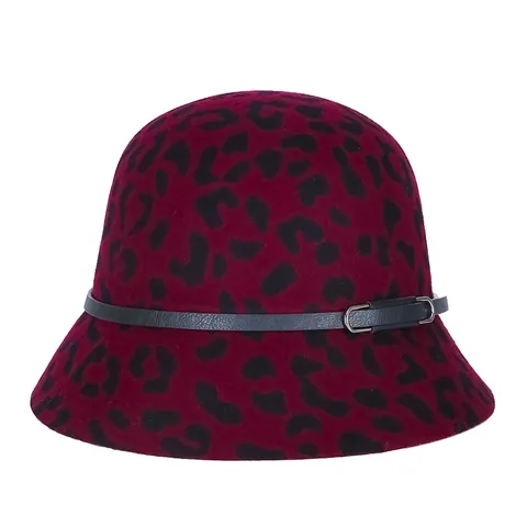 Women Vintage Wool Cloche Hat Autumn Winter Warm Felt Bucket Hat Leopard Print Elegant Bowler Cap With Belt Decoration