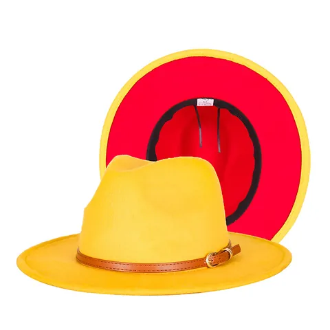 Retro Contrast Color Fedora Hat For Women Men Wide Brim Woolen Jazz Hat With Faux Leather Belt Buckle Winter Warm Cap