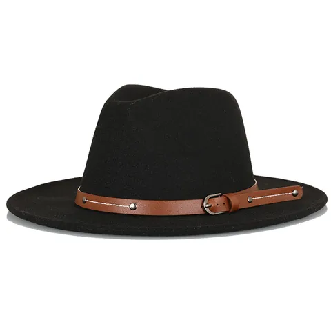 Vintage Unisex Wide Brim Fedora Hat British Style Felt Jazz Hat With Leather Belt Buckle Rivet For Men Women Outdoor Decor