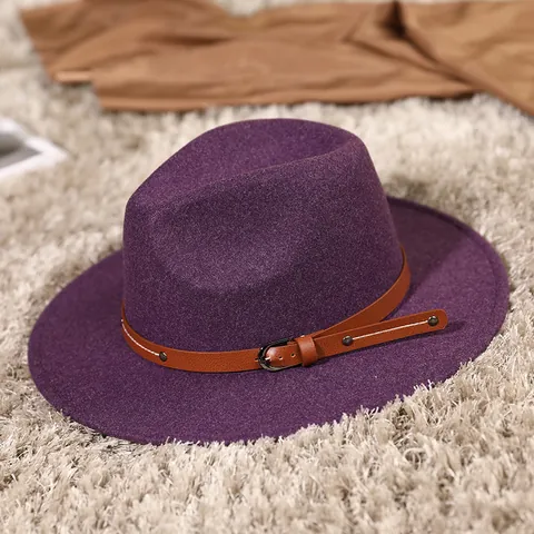 Sombrero Fedora Clásico de Ala Ancha Estilo Británico Mezcla de Algodón Poliéster Fieltro Jazz Con Cinturón de Cuero Y Hebilla