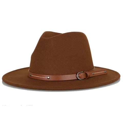 Vintage Unisex Wide Brim Fedora Hat British Style Felt Jazz Hat With Leather Belt Buckle Rivet For Men Women Outdoor Decor