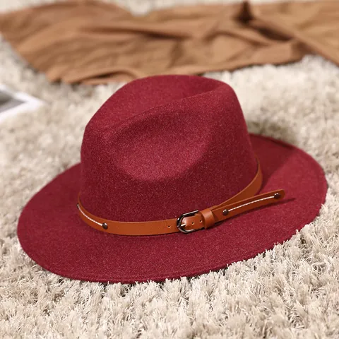 Sombrero Fedora Clásico de Ala Ancha Estilo Británico Mezcla de Algodón Poliéster Fieltro Jazz Con Cinturón de Cuero Y Hebilla