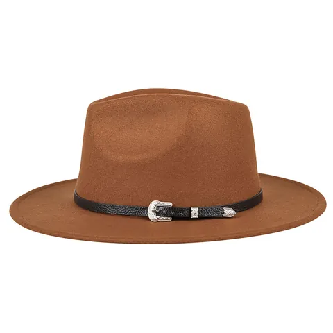 Vintage Woolen Fedora Hat Wide Brim Jazz Hat Western Buckle Leather Band Autumn Winter Warm Cap For Men Women