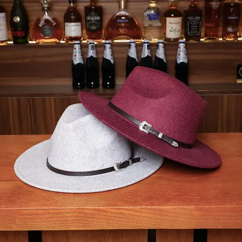 Vintage Woolen Fedora Hat Wide Brim Jazz Hat Western Buckle Leather Band Autumn Winter Warm Cap For Men Women
