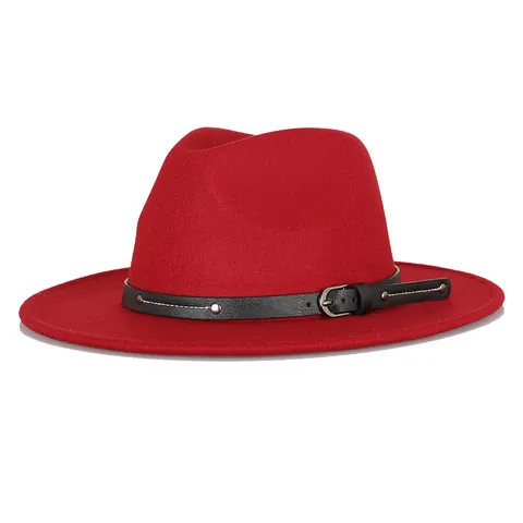 Classic Wide Brim Fedora Hat Woolen Felt Jazz Hat With Faux Leather Belt Buckle Rivets For Women Men Autumn Winter Fashion