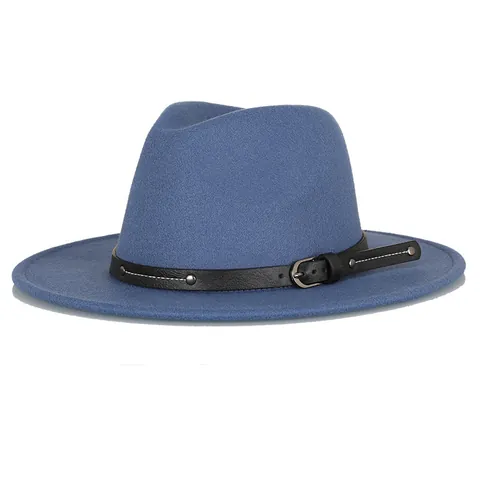 Classic Wide Brim Fedora Hat Woolen Felt Jazz Hat With Faux Leather Belt Buckle Rivets For Women Men Autumn Winter Fashion