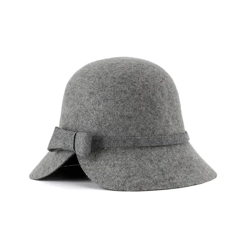 Vintage 100% Wool Cloche Hat For Women Elegant Autumn Winter Round Top Woolen Felt Bow Fedora Notched Brim Warm Party Dress Hat