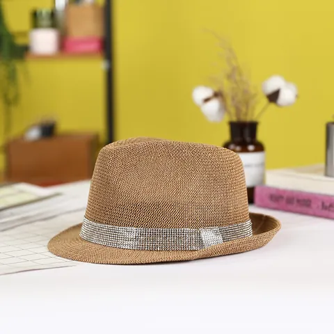 Elegant Straw Fedora Hat Retro British Style Sun Hat With Rhinestone Artificial Pearl Band Summer Beach Travel Party Cap For Women Men