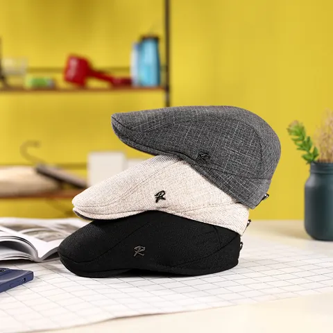 Béret Plat pour Homme en Coton et Lin Respirant Maille Chapeau Vintage avec Boucle en Métal R Protection Solaire