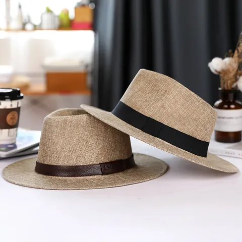 Summer Breathable Linen Blend Fedora Panama Sun Hat For Men Women Vintage Woven British Style Wide Brim Jazz Hat With Belt