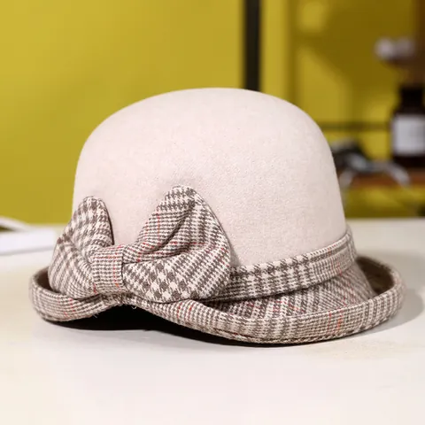 Vintage Women Cloche Hat Plaid Bow Decoration Winter Warm Woolen Felt Bowler Hat Elegant Bucket Hat For Ladies