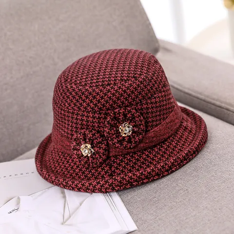 Cappello a Secchiello in Lana Vintage a Quadri Donna Inverno Caldo Spesso Cappello a Cloche Con Fiori Strass Pieghevole Elegante